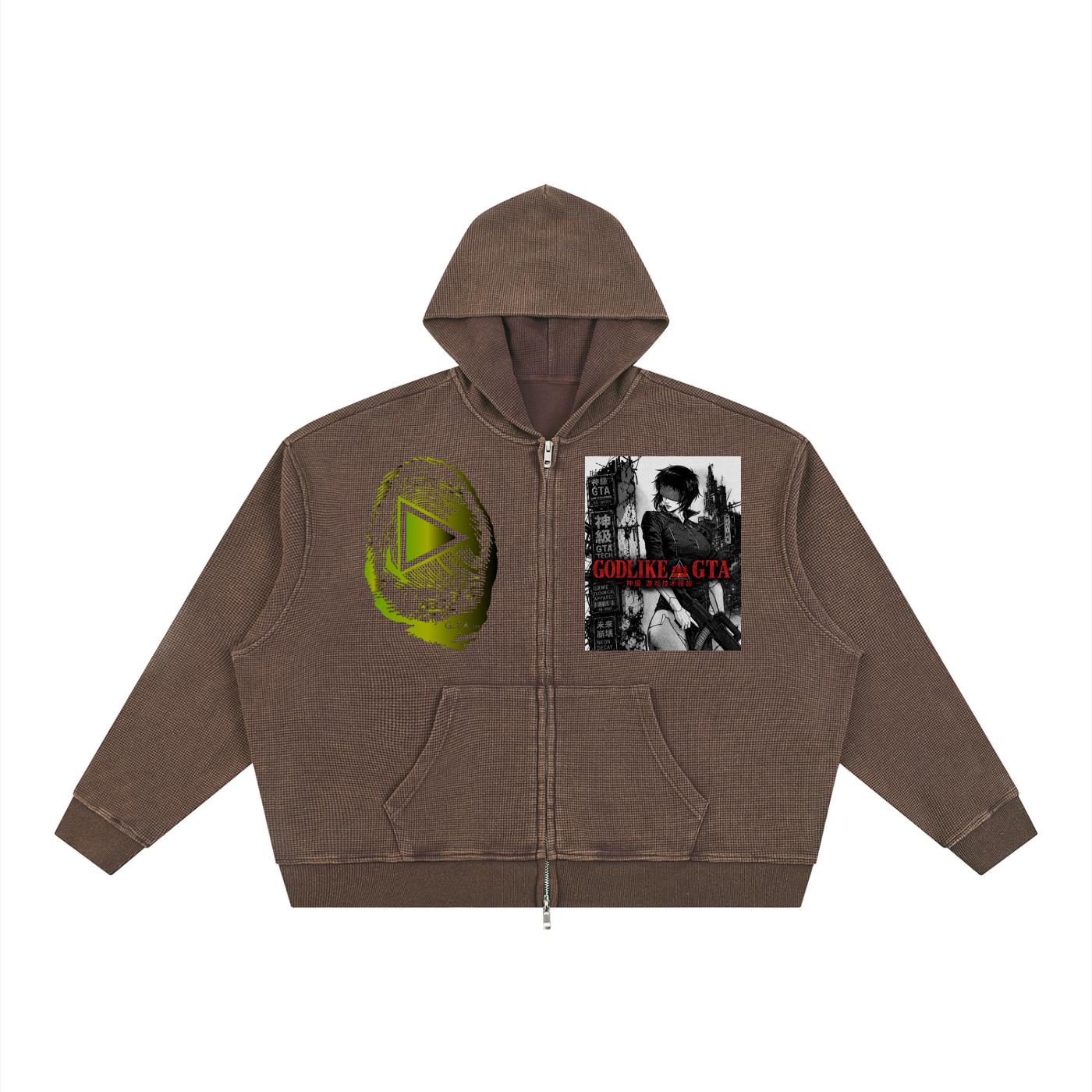 Unisex Vintage Wash Boxy Waffle Full Zip Hoodie