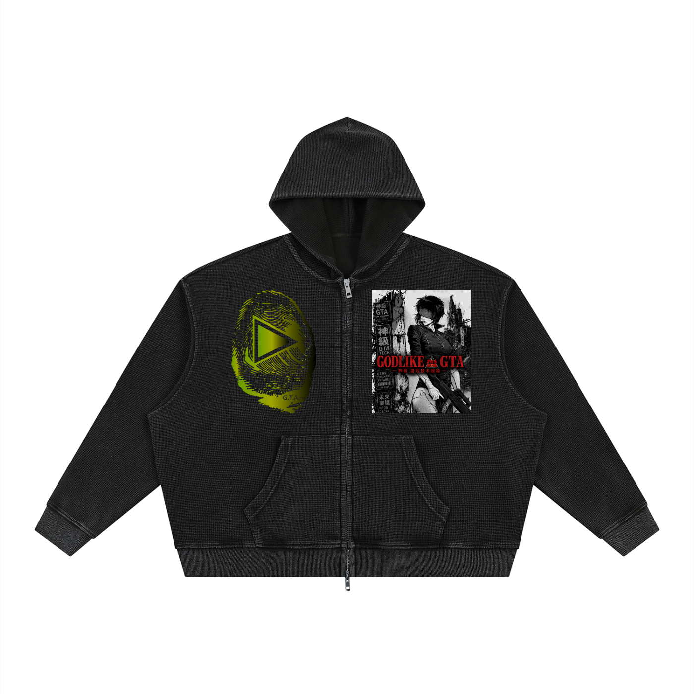 Unisex Vintage Wash Boxy Waffle Full Zip Hoodie