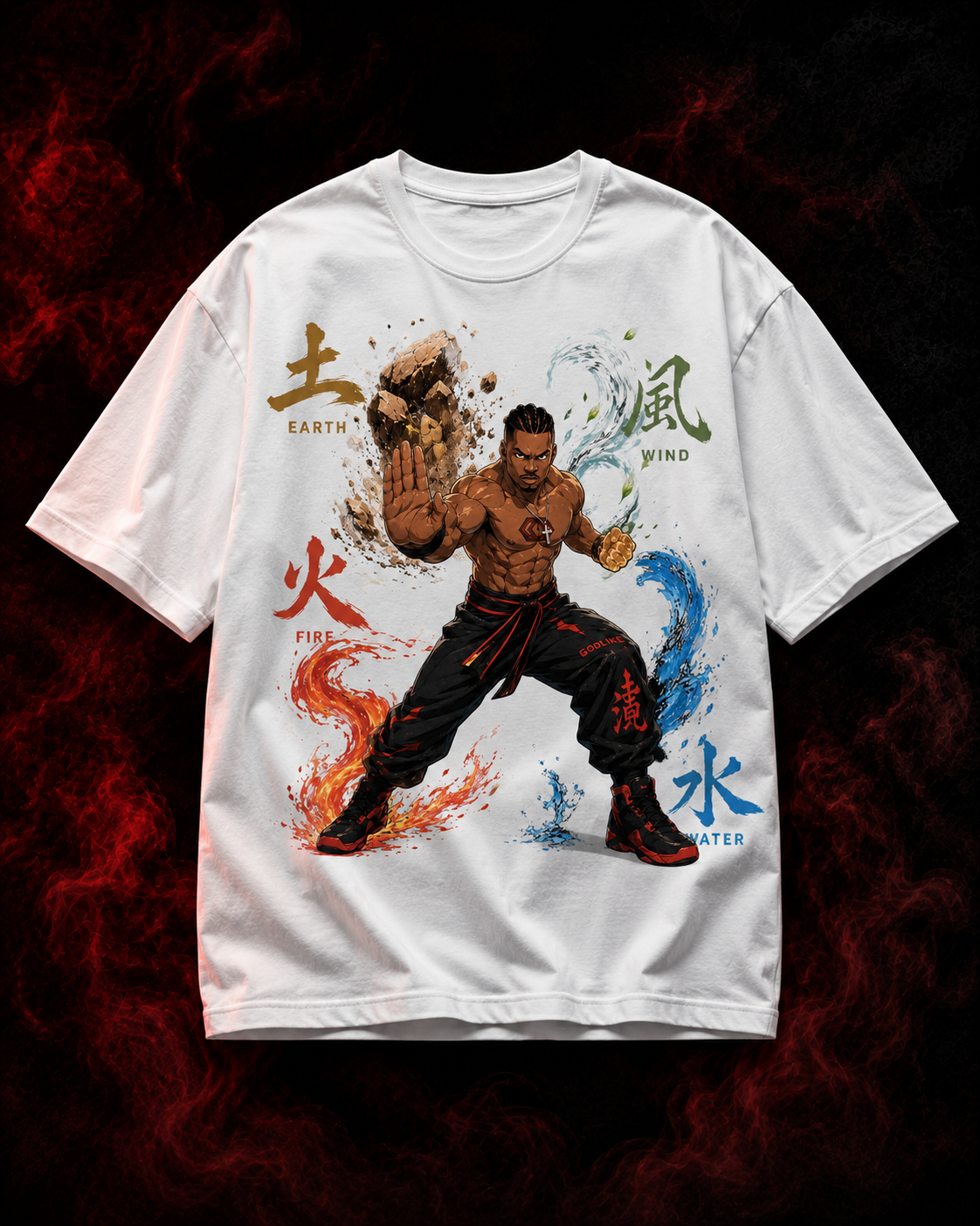 Front view of the white DJ E-Rockstar Four Element unisex T-shirt