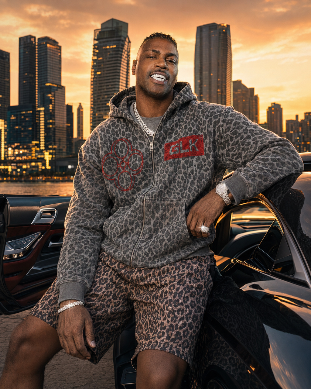 Godlike Apparel GTA leopard hoodie and shorts luxury city sunset campaign ad