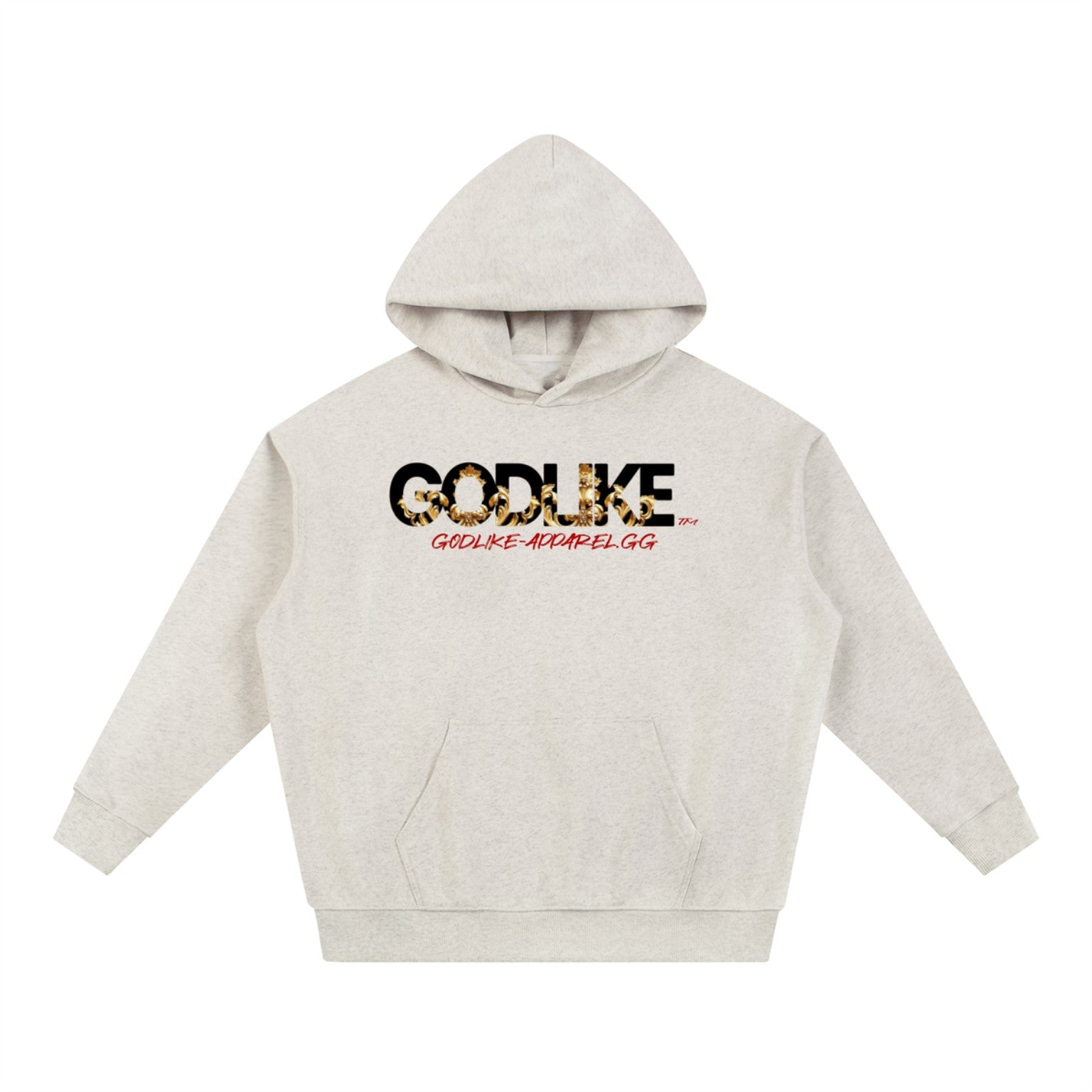 Godlike Apparel natural ash pullover hoodie with black gold and red chest logo