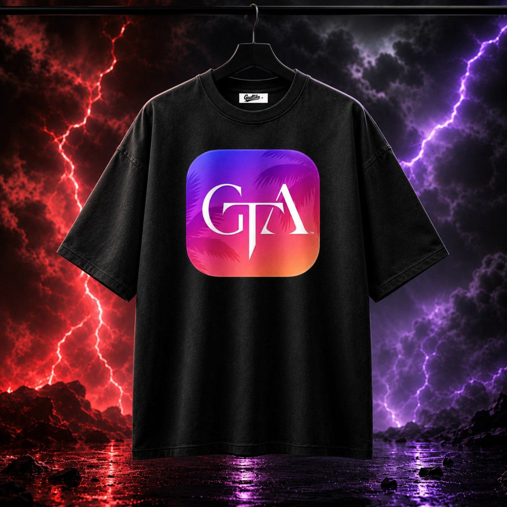 GTA x GLA Collab Graphic Tee front view with red and purple lightning background
