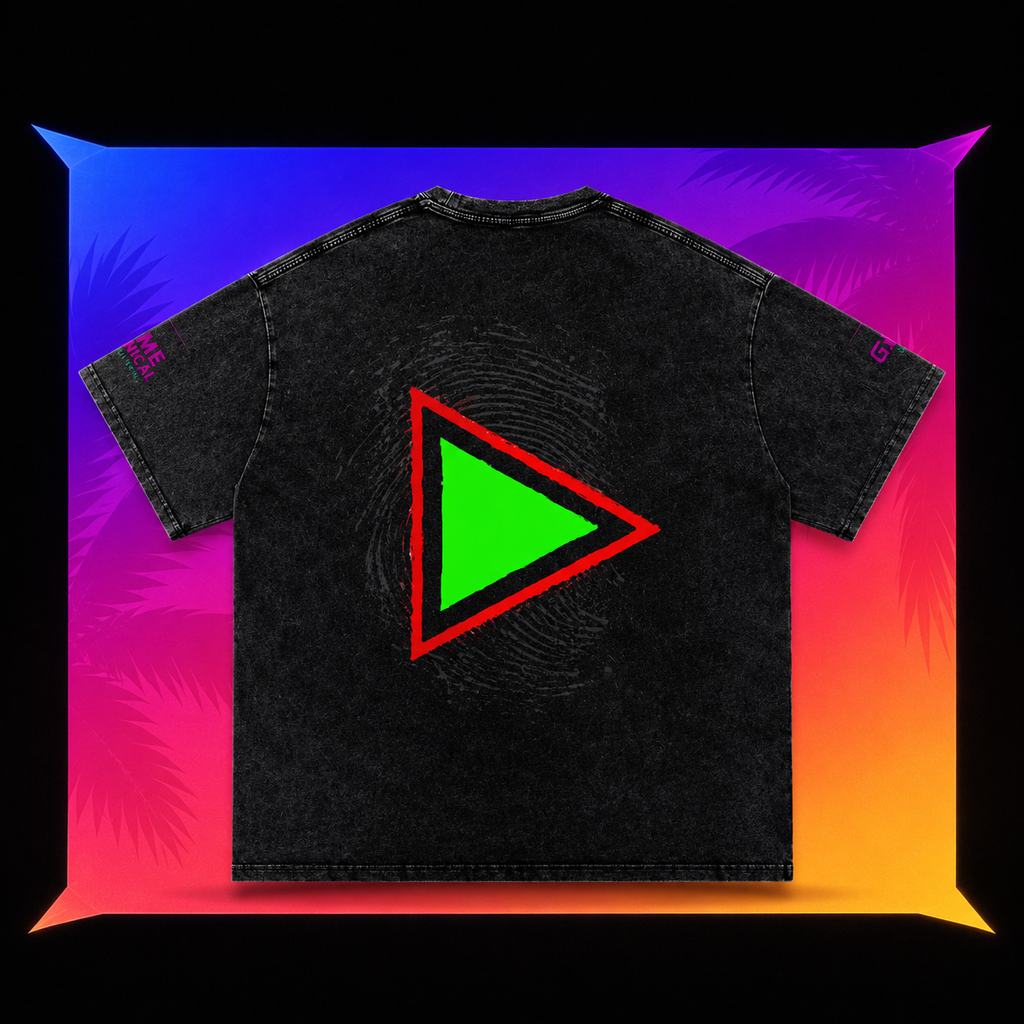 Omega Presence snow washed oversized cotton T-shirt back view on elegant neon gradient background