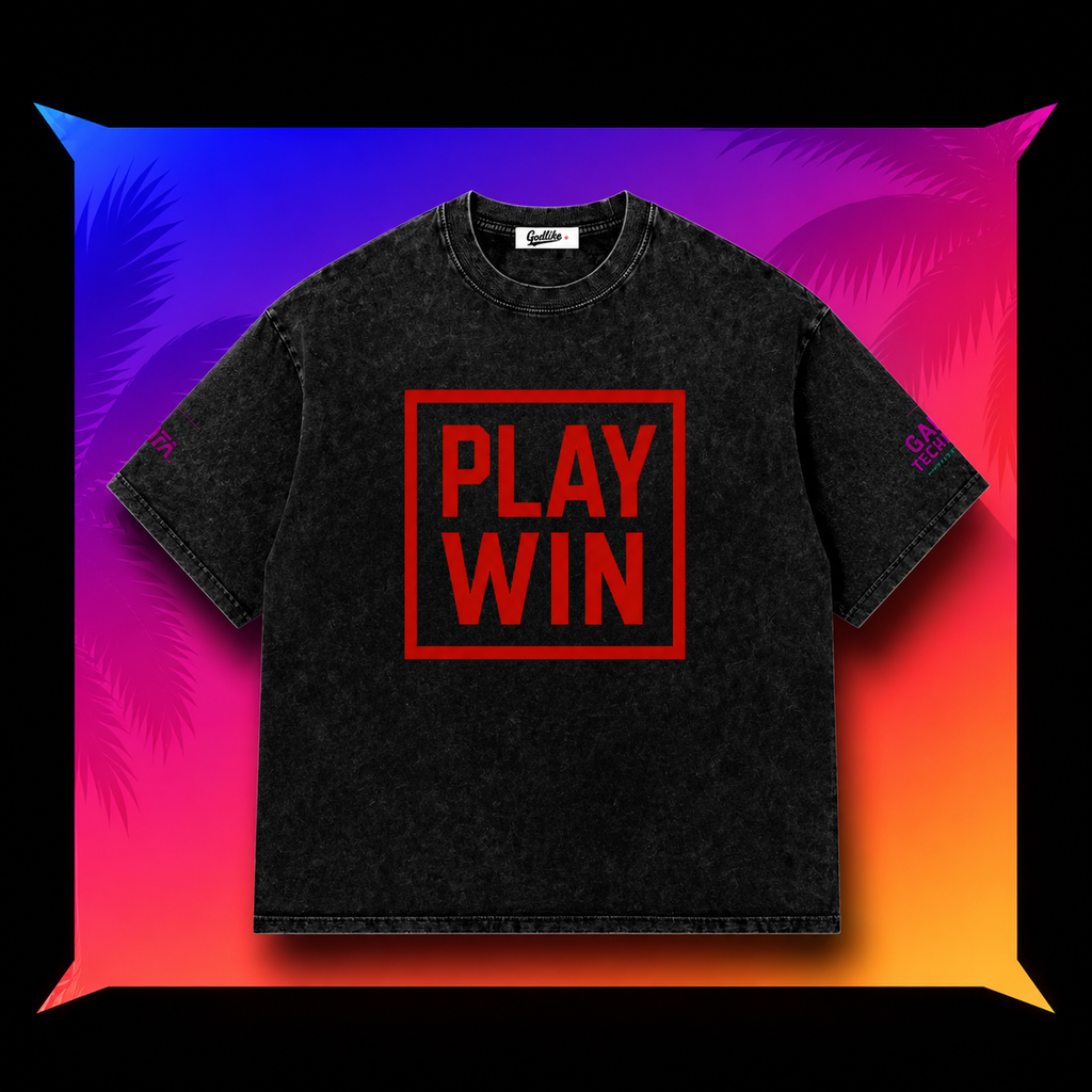 Omega Presence snow washed oversized cotton T-shirt front view on elegant neon gradient background