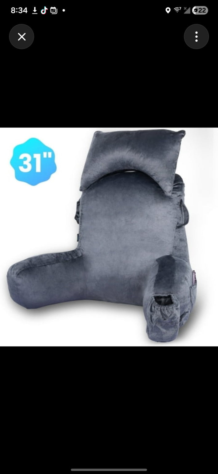Gray 31-inch XL gaming lounge backrest pillow with armrests, head pillow, cup holder, and storage pockets